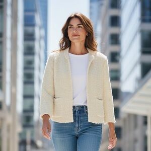 ZARA WOMEN BOUCLÉ CREAM KNIT BLAZER  SWEATER SZ M